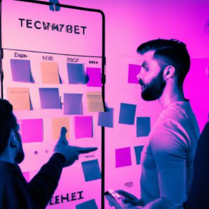 a web designer debating his idea with others in front of a board full of sticky notes