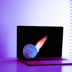 a flaming meteor passing behind a notebook screen that is on top of a table