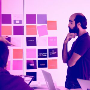 a web designer debating his idea with others in front of a board full of sticky notes