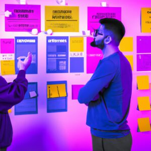 a web designer debating his idea with others in front of a board full of sticky notes