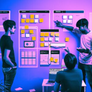 a web designer debating his idea with others in front of a board full of sticky notes