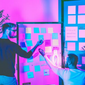 a web designer debating his idea with others in front of a board full of sticky notes