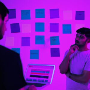 a web designer debating his idea with others in front of a board full of sticky notes