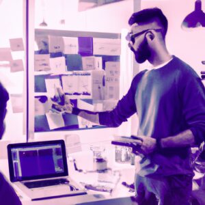 a web designer debating his idea with others in front of a board full of sticky notes