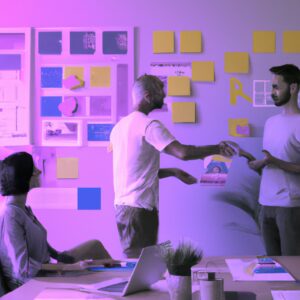 a web designer debating his idea with others in front of a board full of sticky notes