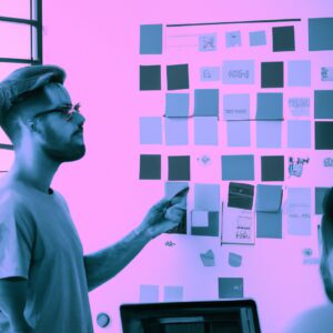 a web designer debating his idea with others in front of a board full of sticky notes