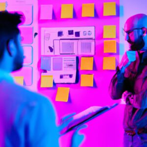 a web designer debating his idea with others in front of a board full of sticky notes