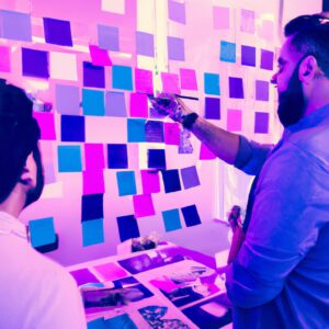 a web designer debating his idea with others in front of a board full of sticky notes