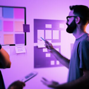 a web designer debating his idea with others in front of a board full of sticky notes