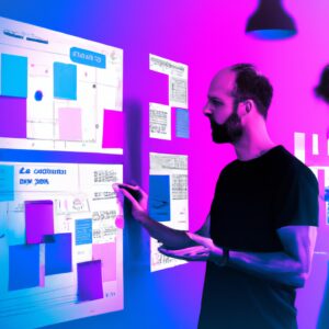 a web designer debating his idea with others in front of a board full of sticky notes