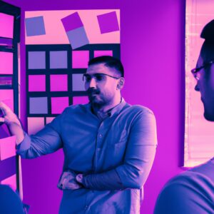 a web designer debating his idea with others in front of a board full of sticky notes