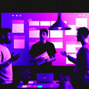 a web designer debating his idea with others in front of a board full of sticky notes