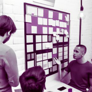 a web designer debating his idea with others in front of a board full of sticky notes