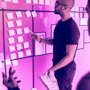 a web designer debating his idea with others in front of a board full of sticky notes