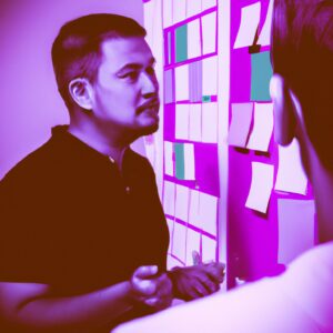 a web designer debating his idea with others in front of a board full of sticky notes