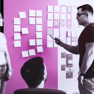 a web designer debating his idea with others in front of a board full of sticky notes