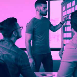 a web designer debating his idea with others in front of a board full of sticky notes