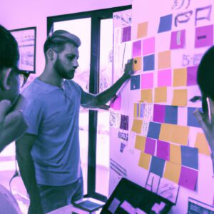 a web designer debating his idea with others in front of a board full of sticky notes