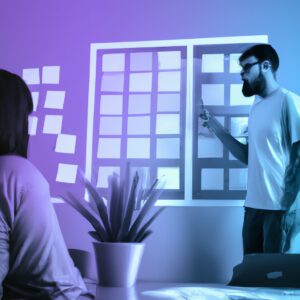 a web designer debating his idea with others in front of a board full of sticky notes