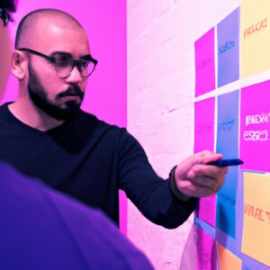 a web designer debating his idea with others in front of a board full of sticky notes