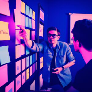 a web designer debating his idea with others in front of a board full of sticky notes