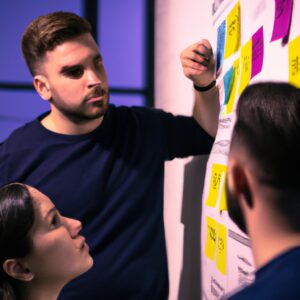 a web designer debating his idea with others in front of a board full of sticky notes