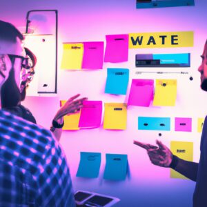 a web designer debating his idea with others in front of a board full of sticky notes