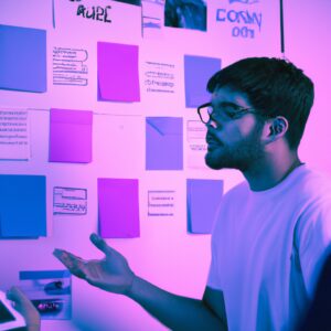 a web designer debating his idea with others in front of a board full of sticky notes