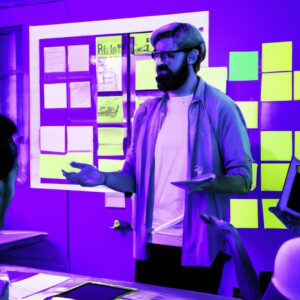 a web designer debating his idea with others in front of a board full of sticky notes