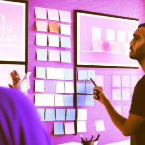 a web designer debating his idea with others in front of a board full of sticky notes