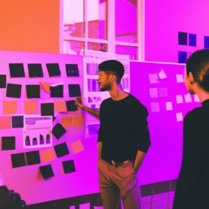 a web designer debating his idea with others in front of a board full of sticky notes