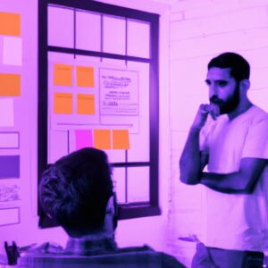 a web designer debating his idea with others in front of a board full of sticky notes