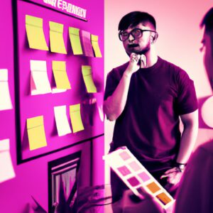 a web designer debating his idea with others in front of a board full of sticky notes