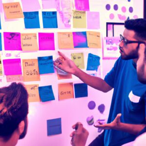 a web designer debating his idea with others in front of a board full of sticky notes